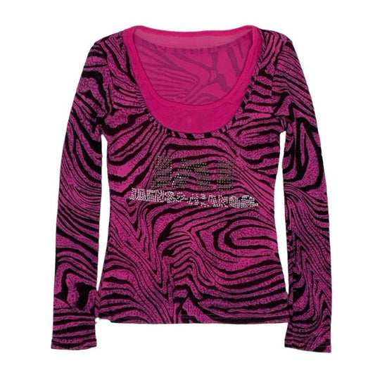 90s Y2K Pink Black Zebra Print Sheer Top XS 8