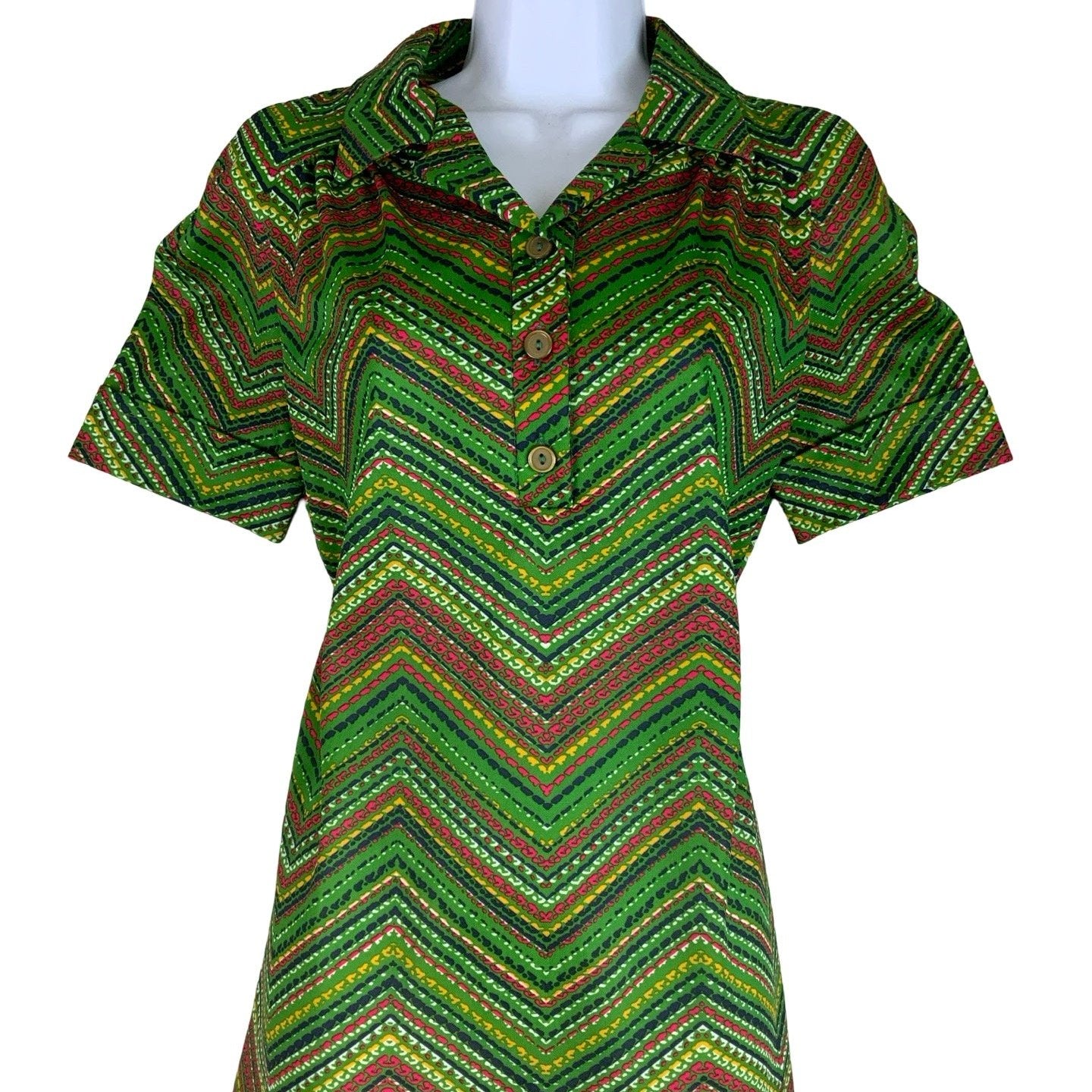 Vintage 60s 70s Green Zip-Zag Shift Midi Dress 12 14 16