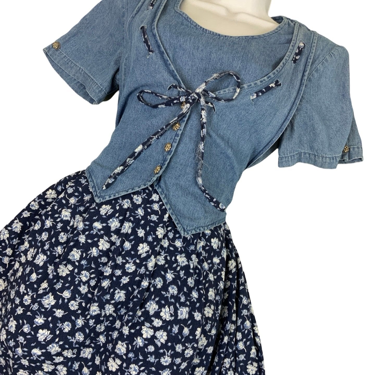 Y2K 90s Alix Taylor Petite New York Light Denim Waistcoat Style Blue Floral Skirt Maxi Dress XS 10