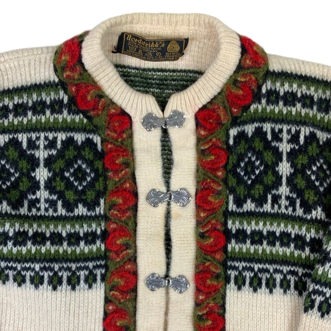 Vintage 'Nordstrikk' White Red Green Nordic Wool Knit Cardigan