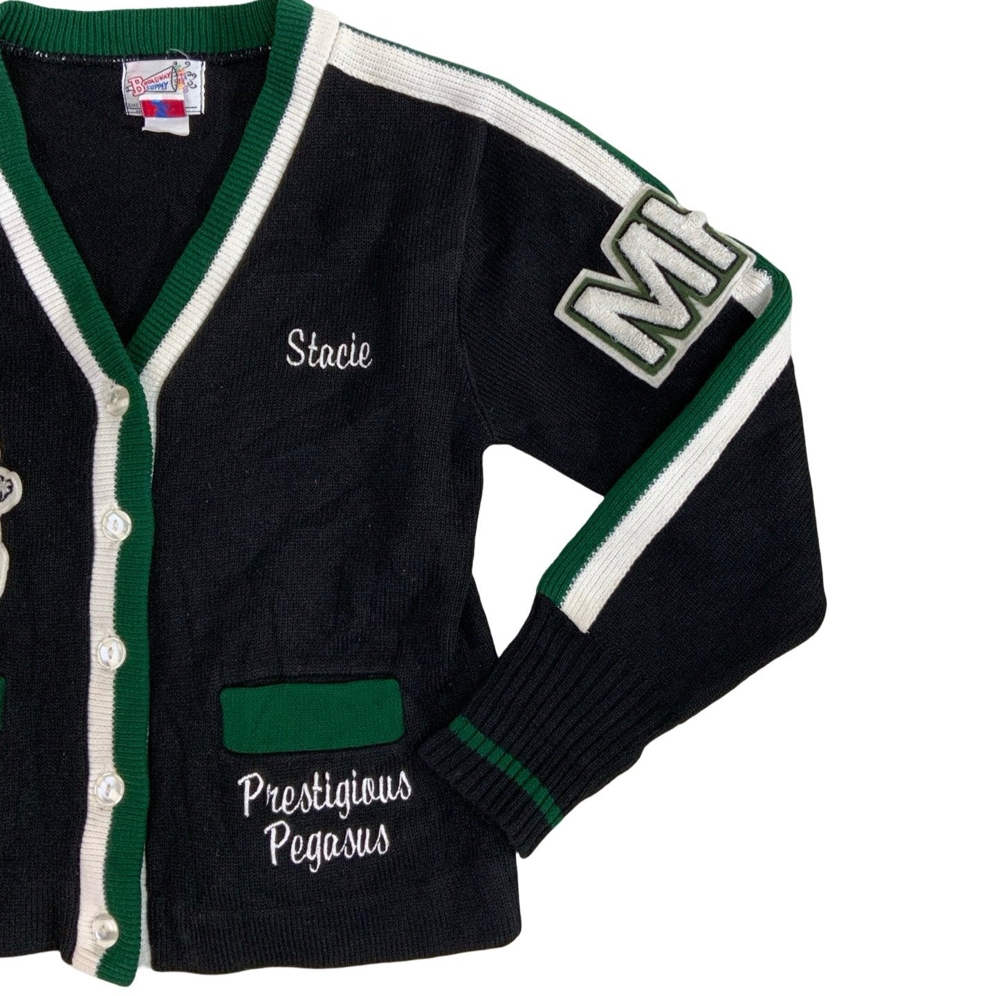 Vintage Green Black White Broadway Supply Cheerleader Cardigan S 10 12