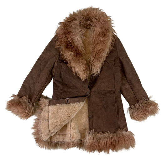 Vintage Sheepskin Brown Pink Faux Suede Shearling Style Coat 10 12 14