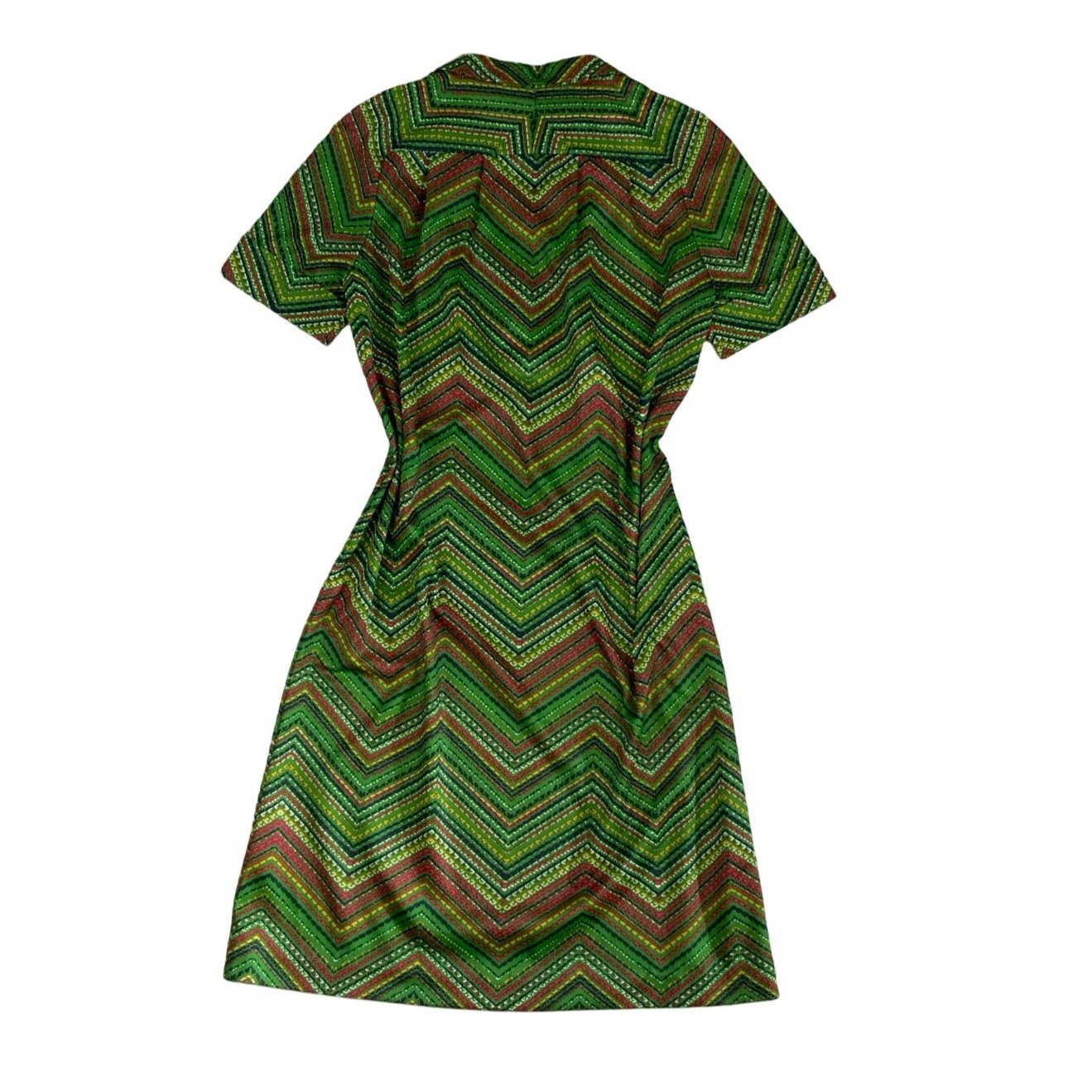 Vintage 60s 70s Green Zip-Zag Shift Midi Dress 12 14 16