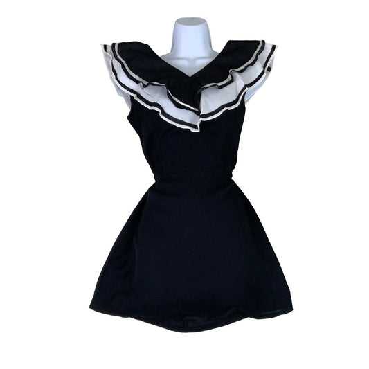 Vintage 60s 70s Black White Ruffle Mini Dress 8 10