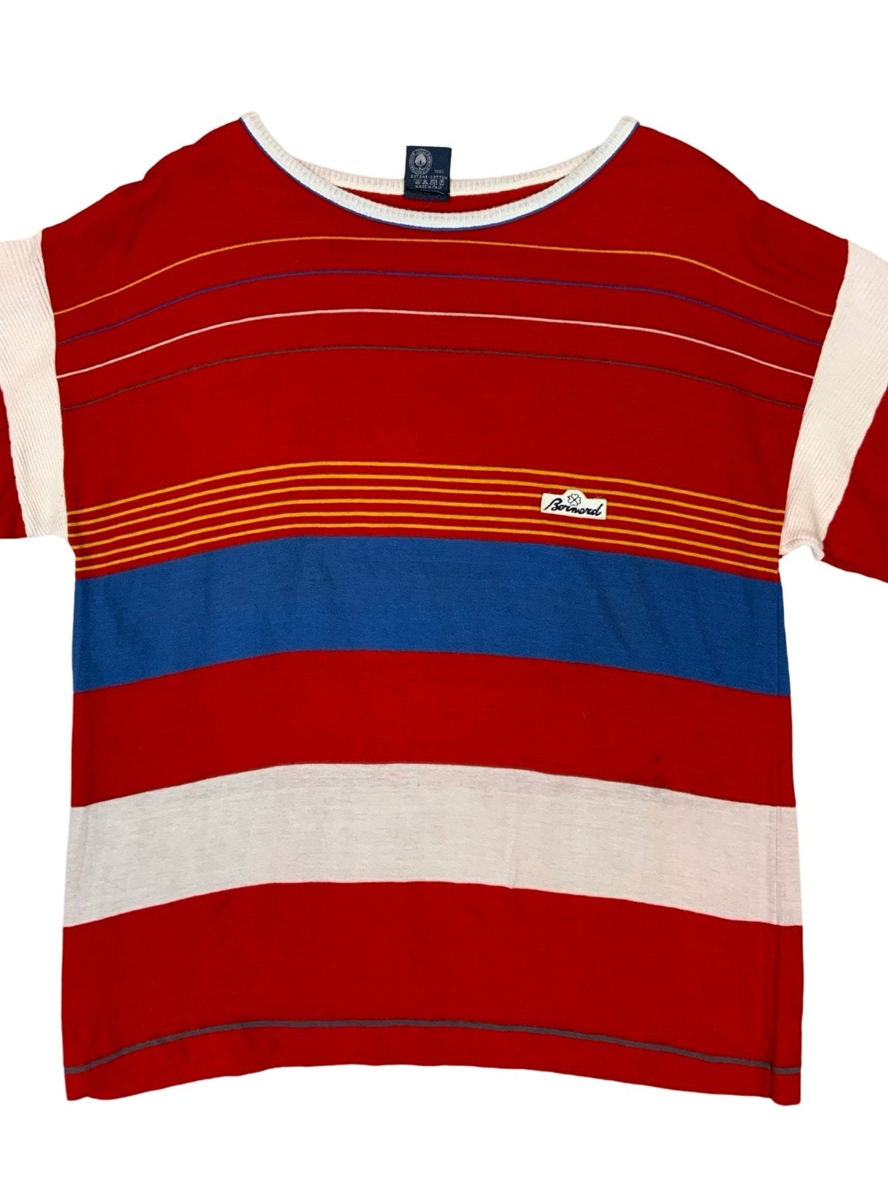 Vintage 70s 80s Red White Blue Yellow Cotton Striped Tee Top