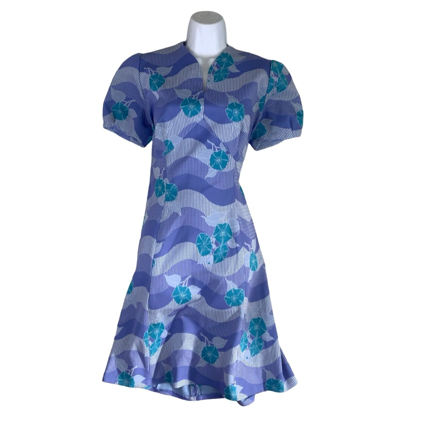 Vintage 60s 70s Blue Floral Midi Shift Dress 12 14 16