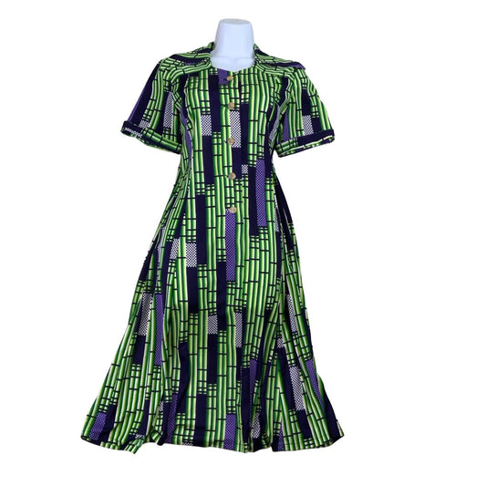 Vintage 60s 70s Green Purple Geometric Wing Diamond Collar Shirt Dress 10 12 14