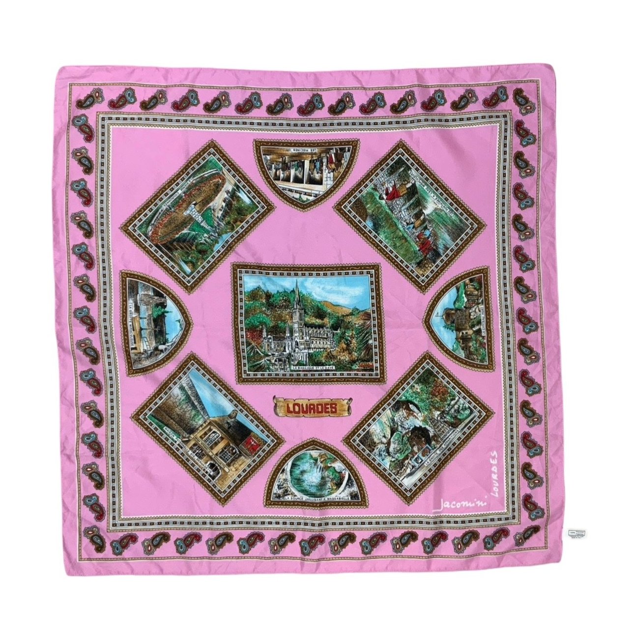 Vintage Pink Scenic Lourdes Silk Scarf