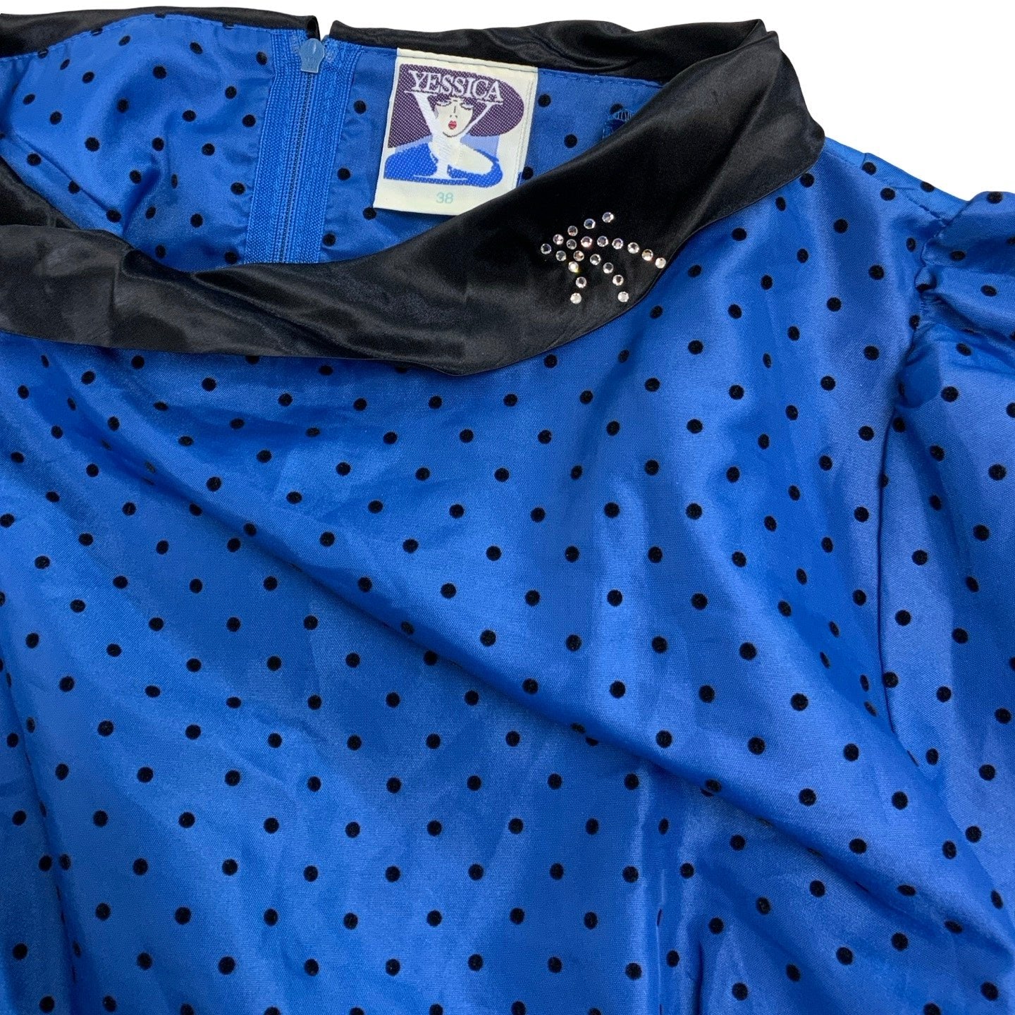 Vintage 'Yessica' Blue Black Polkadot Party Dress XS 8