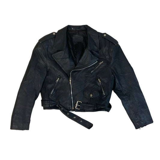 Vintage Crop Black Leather Jacket S M 10 12