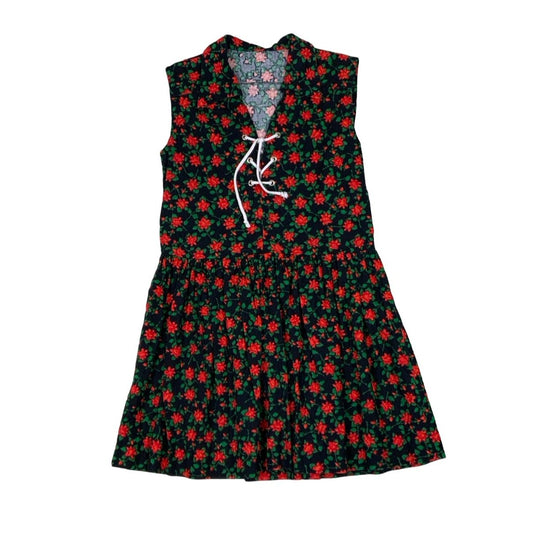 Vintage 90s Black Red Floral Denim Corset Style Mini Dress S 12