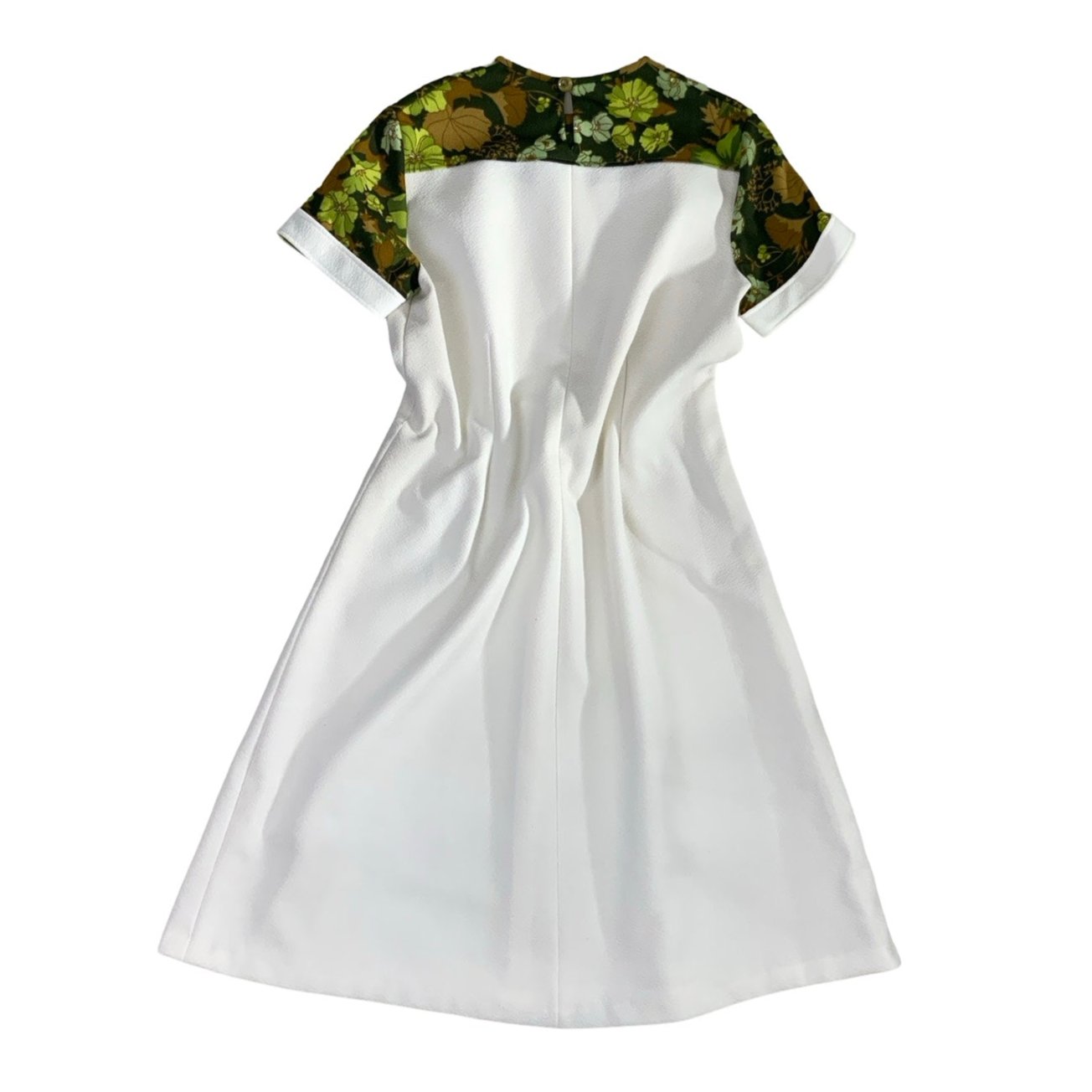 Vintage 60s 70s Green Floral White Mini Babydoll Dress 10 12 14