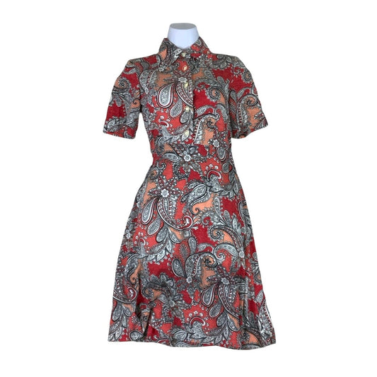 Vintage 60s 70s Red Paisley Aline Midi Shirt Dress 8 10