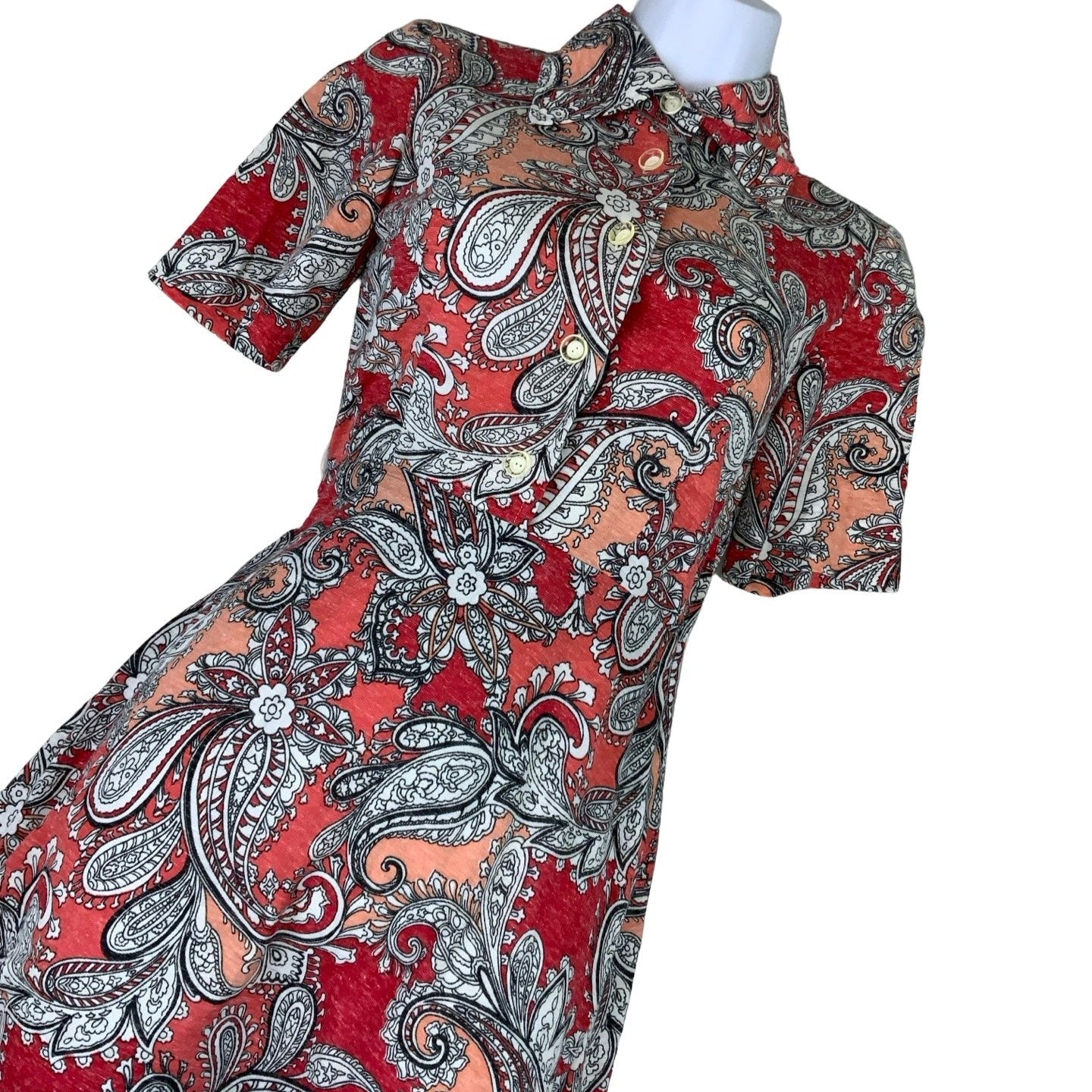 Vintage 60s 70s Red Paisley Aline Midi Shirt Dress 8 10