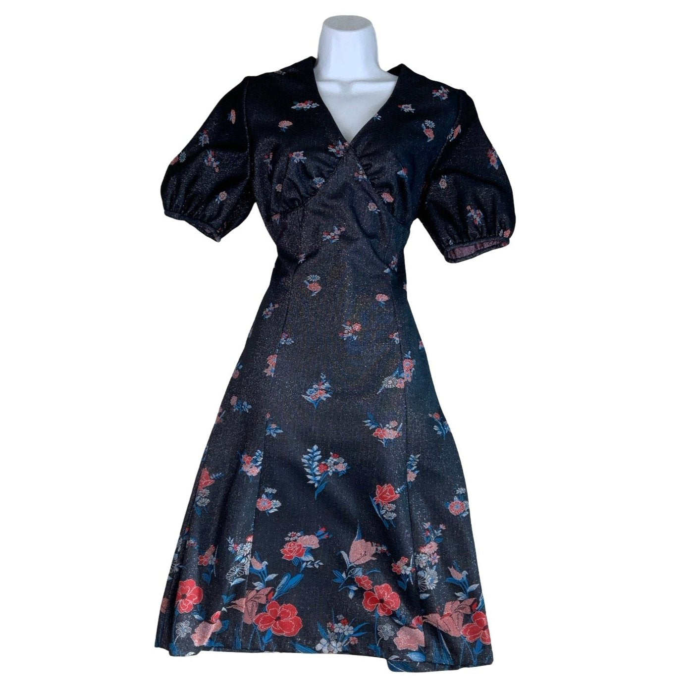 Vintage 60s 70s Navy Blue Sparkle Floral Shift Midi Dress 8 10 12