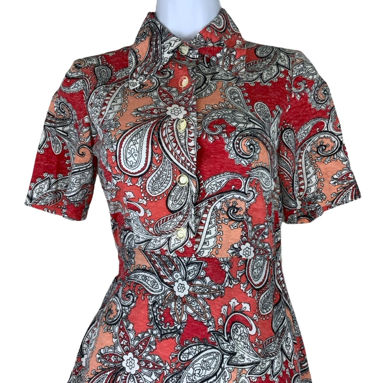 Vintage 60s 70s Red Paisley Aline Midi Shirt Dress 8 10