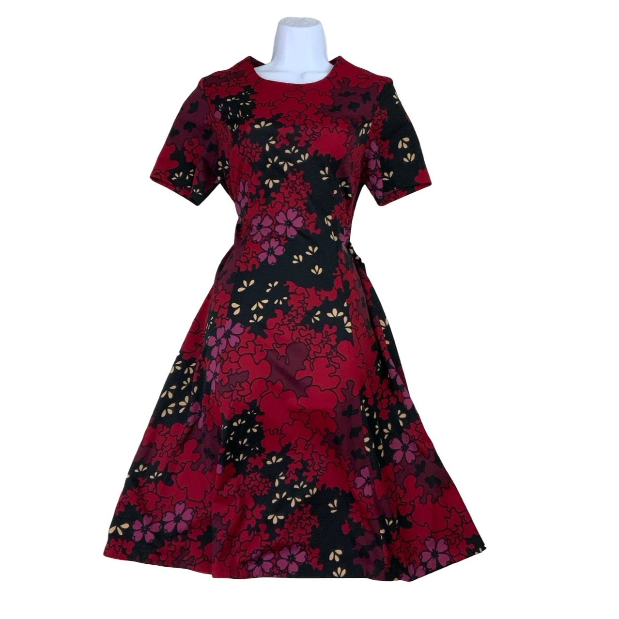 Vintage 60s 70s Red Black Floral Psychedelic Midi Dress 6 8 10