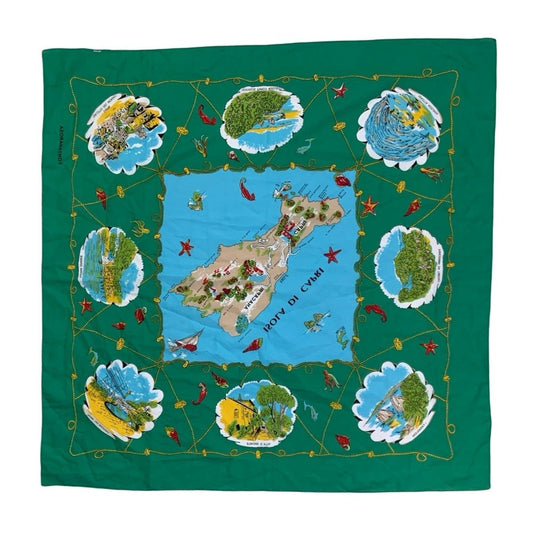 Vintage Green, Blue Map Pattern Silk Scarf