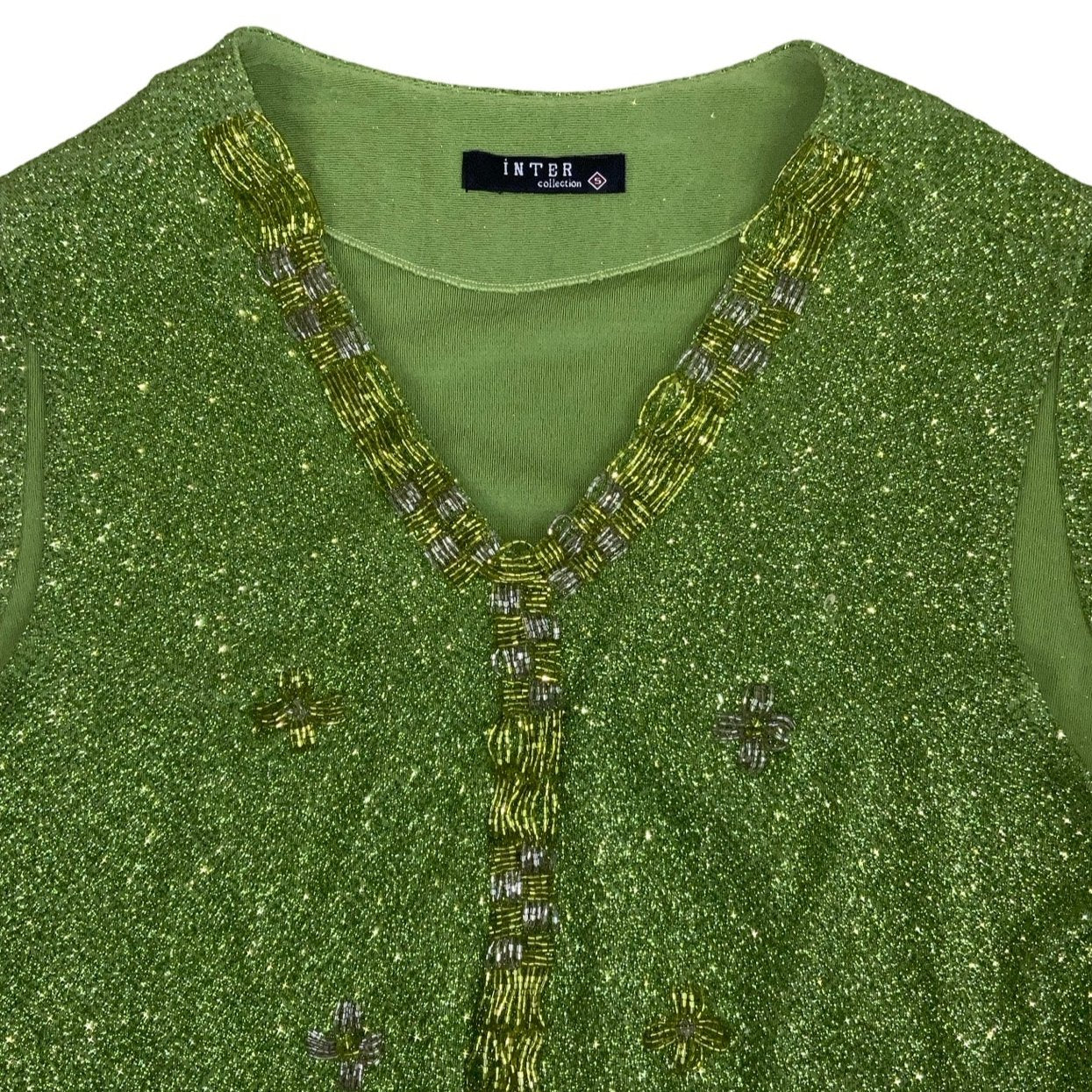 Vintage Deadstock 'Inter Collection' Emerald Green Sparkle Beaded Sleeveless Top Blouse S 10 12