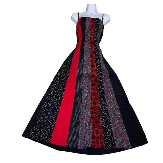 Vintage Gothic 'Des Filles à la Vanille' Red Black Patchwork Strappy Corset-Style Maxi Dress S 10 12