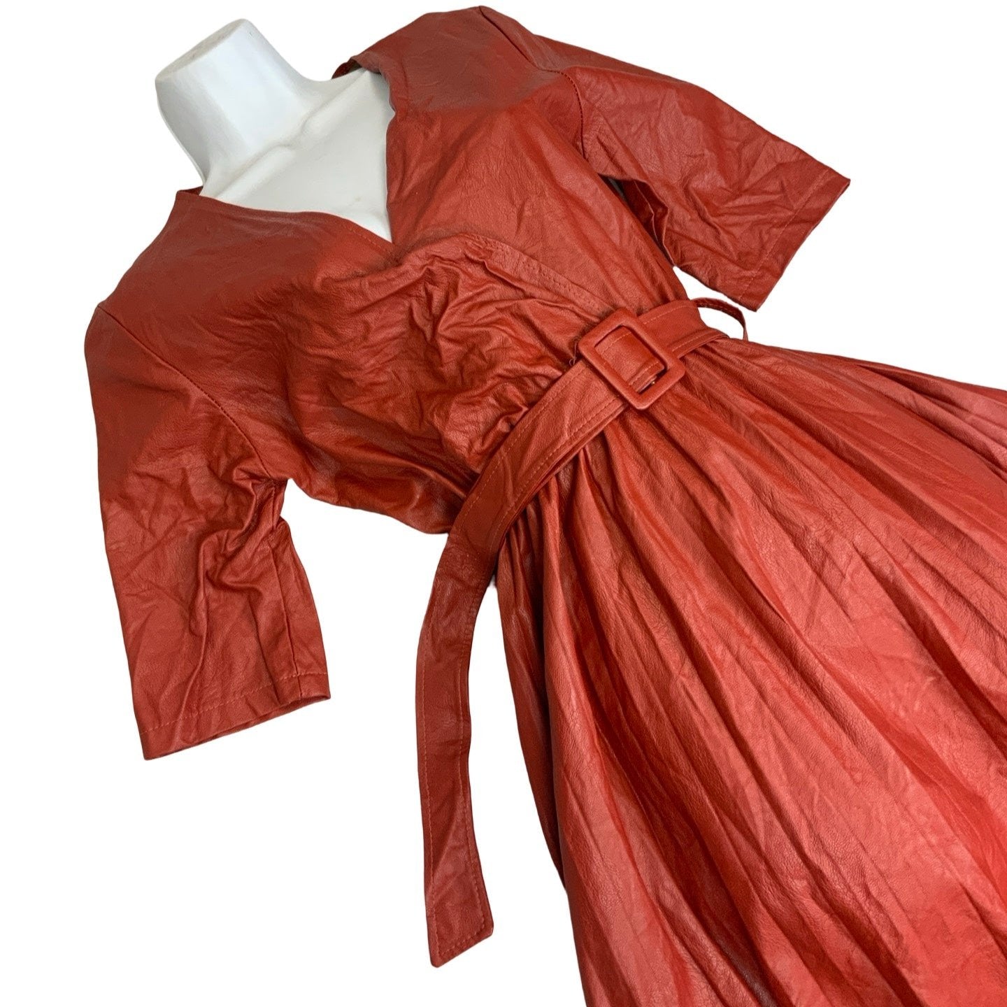 Vintage 80s Rust Red Leather Short Sleeved Pleated Belted Midi Dress 8 10