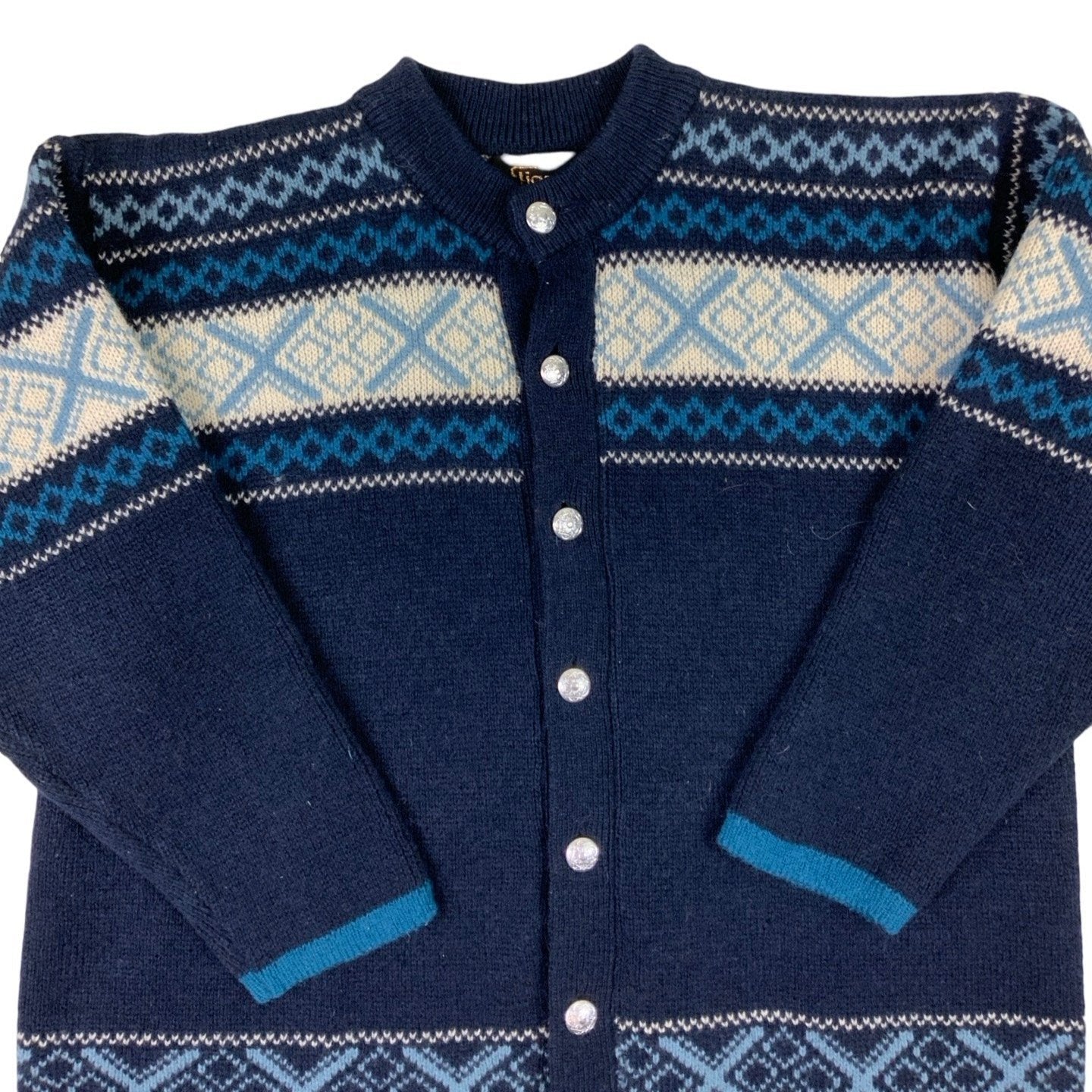 1980s Figgjo Nordic Navy Blue Wool Cardigan M L