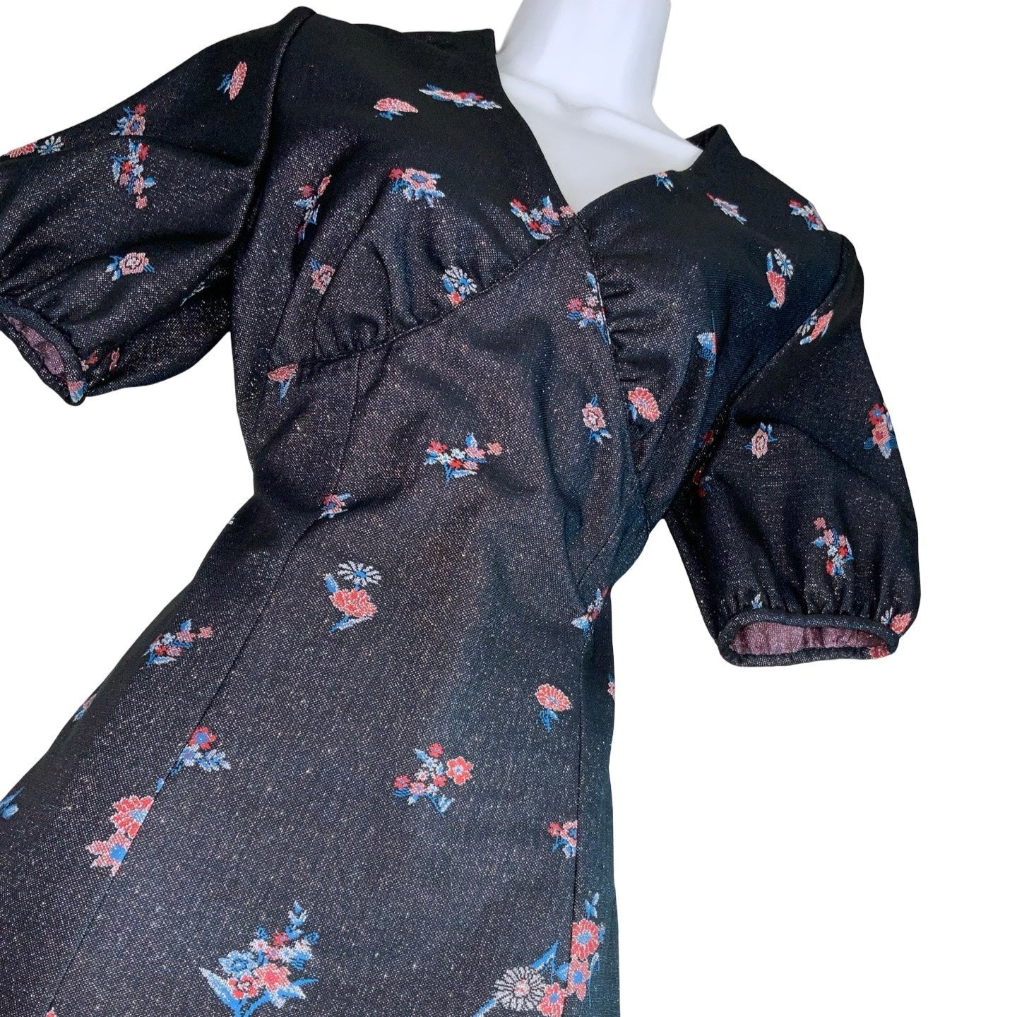 Vintage 60s 70s Navy Blue Sparkle Floral Shift Midi Dress 8 10 12