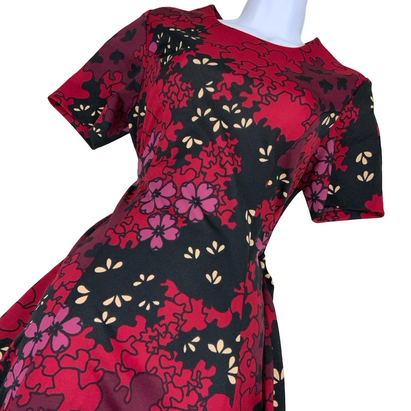 Vintage 60s 70s Red Black Floral Psychedelic Midi Dress 6 8 10