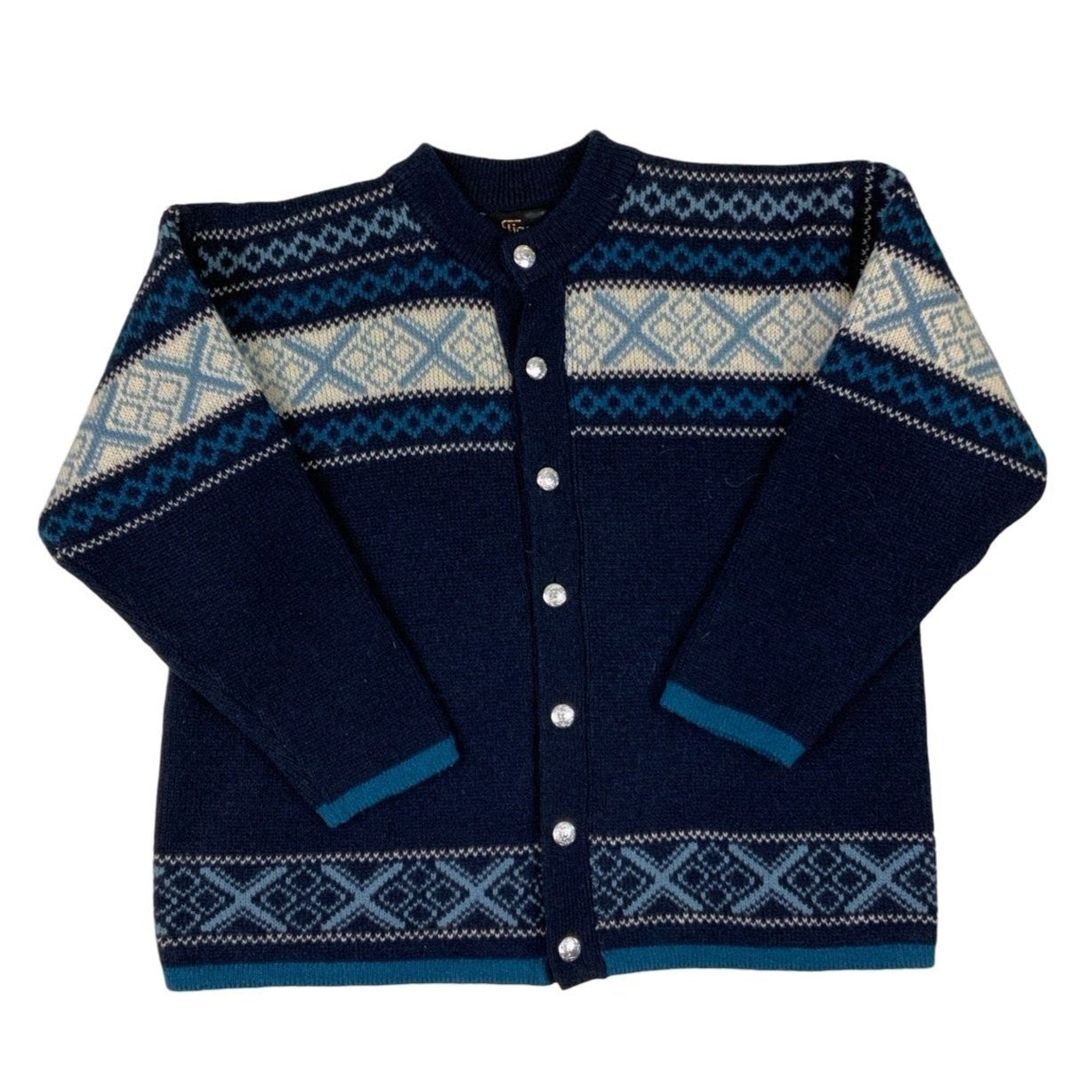 1980s Figgjo Nordic Navy Blue Wool Cardigan M L