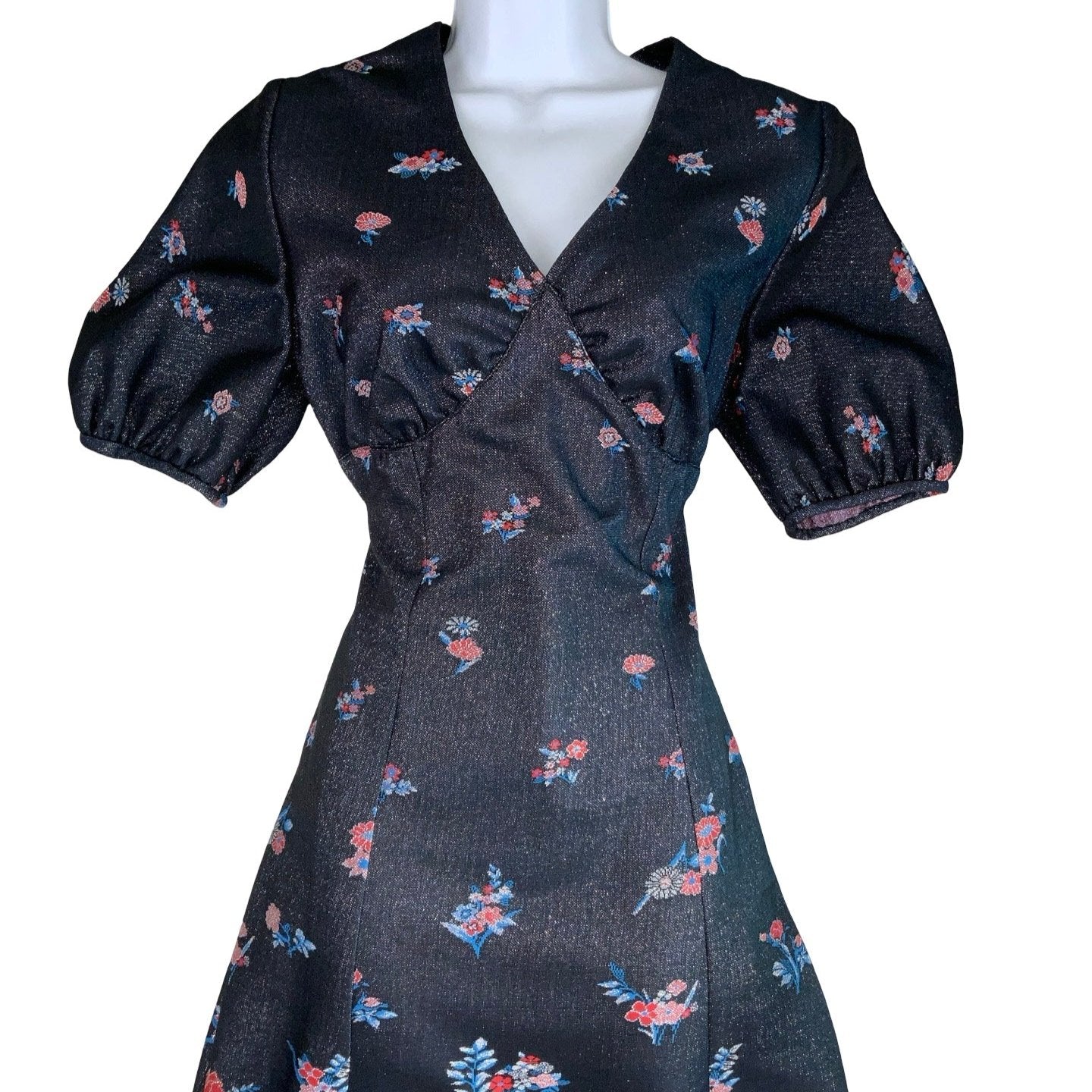 Vintage 60s 70s Navy Blue Sparkle Floral Shift Midi Dress 8 10 12