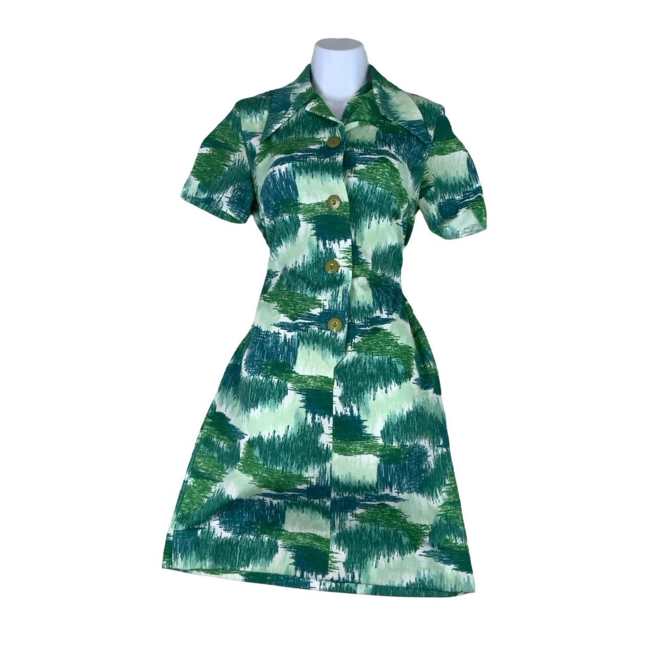 Vintage 60s 70s Green 'Pflegeleicht' Midi Shirt Dress 8 10 12