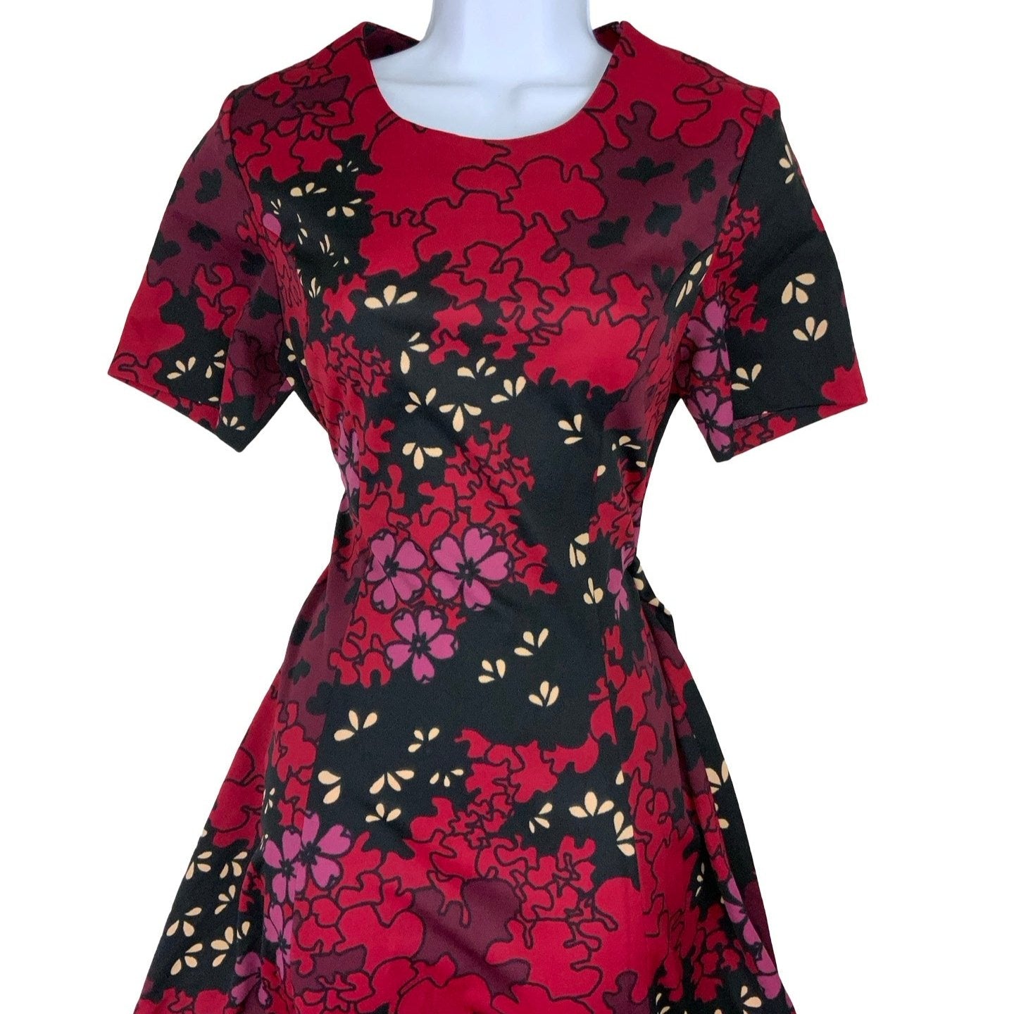 Vintage 60s 70s Red Black Floral Psychedelic Midi Dress 6 8 10