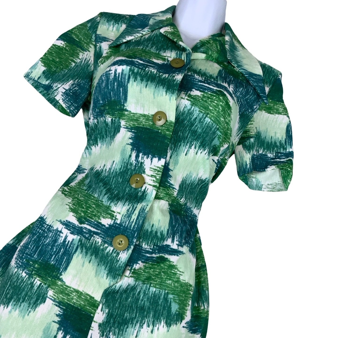 Vintage 60s 70s Green 'Pflegeleicht' Midi Shirt Dress 8 10 12