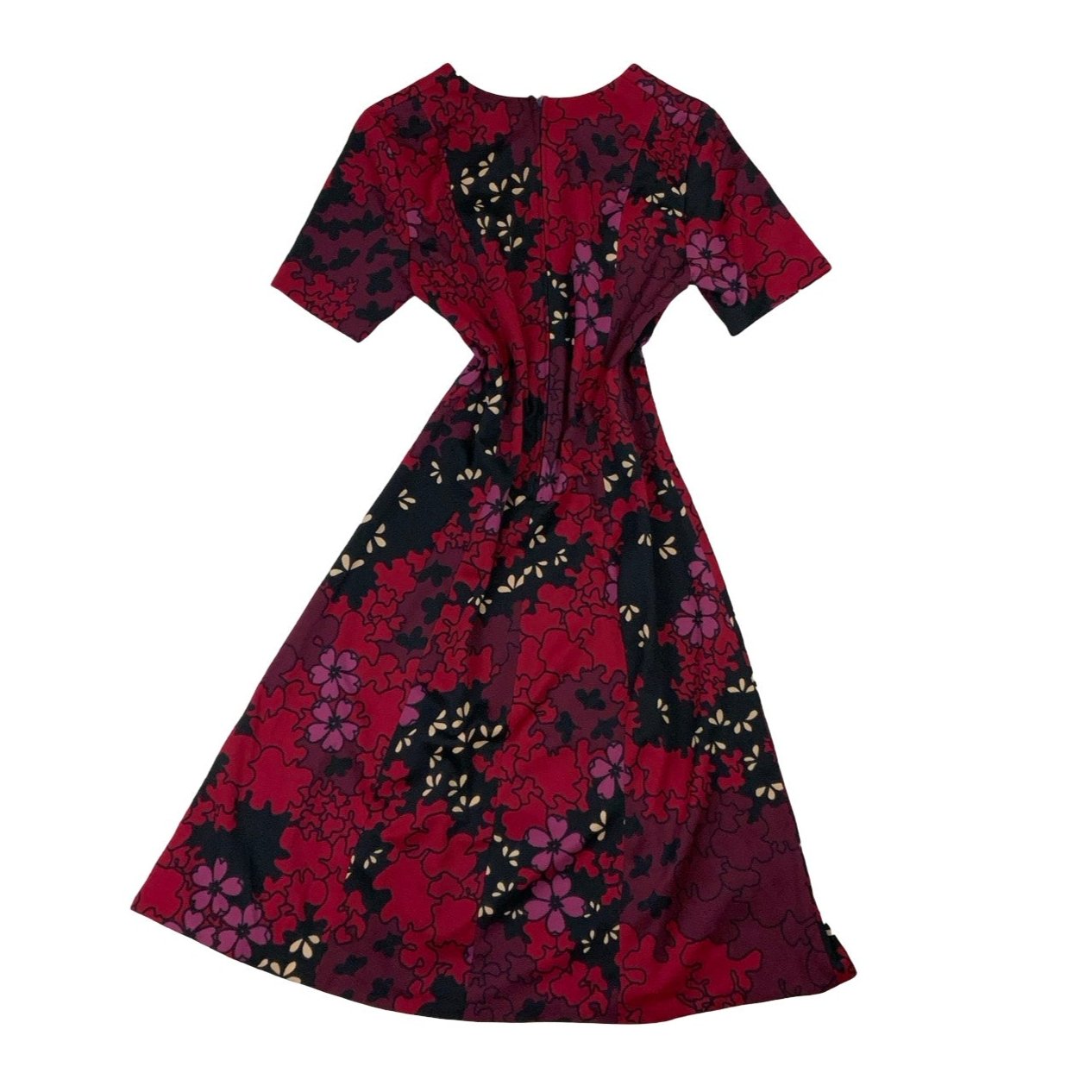 Vintage 60s 70s Red Black Floral Psychedelic Midi Dress 6 8 10