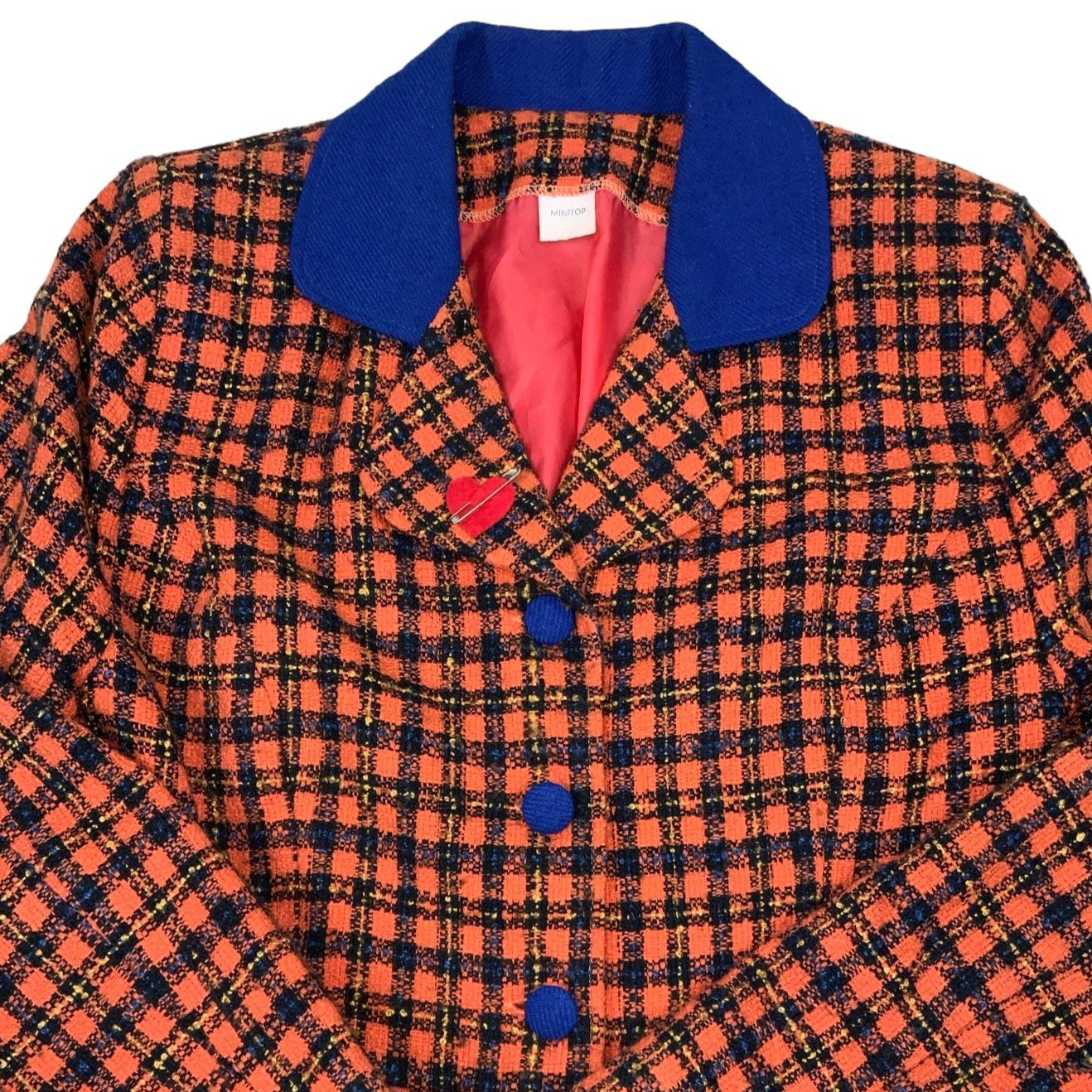 Vintage 80s 'Minitop' Orange Blue Tartan Wool Blazer S 10 12