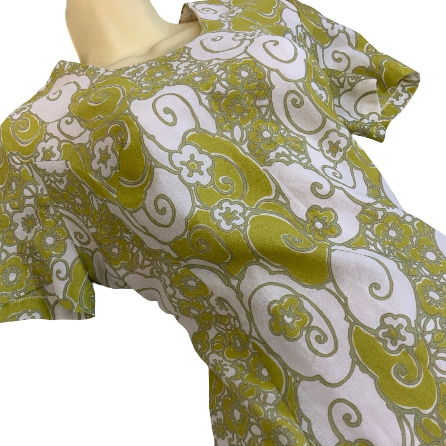 Vintage 60s 70s 'Diolen Apart' Green White Floral Mini Dress M 14