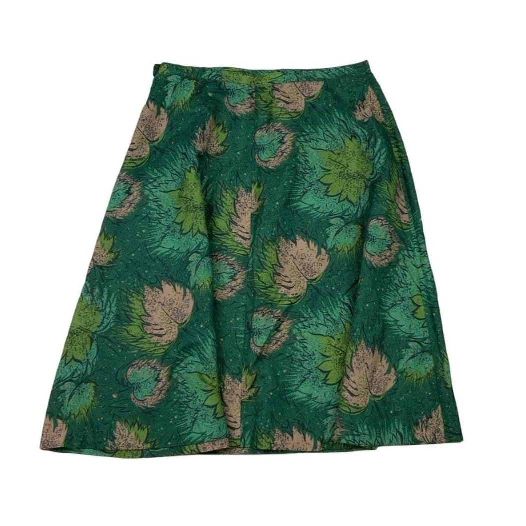 Vintage 60s 70s Green Botanical Midi Skirt S 6 8