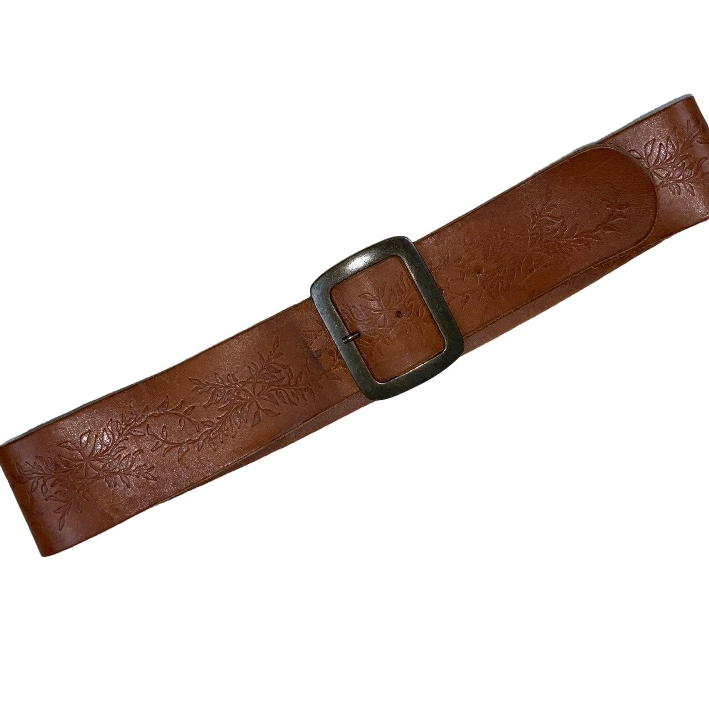 Vintage 'Pieces Accessories' Brown Thick Botanical Bronze Buckle Belt