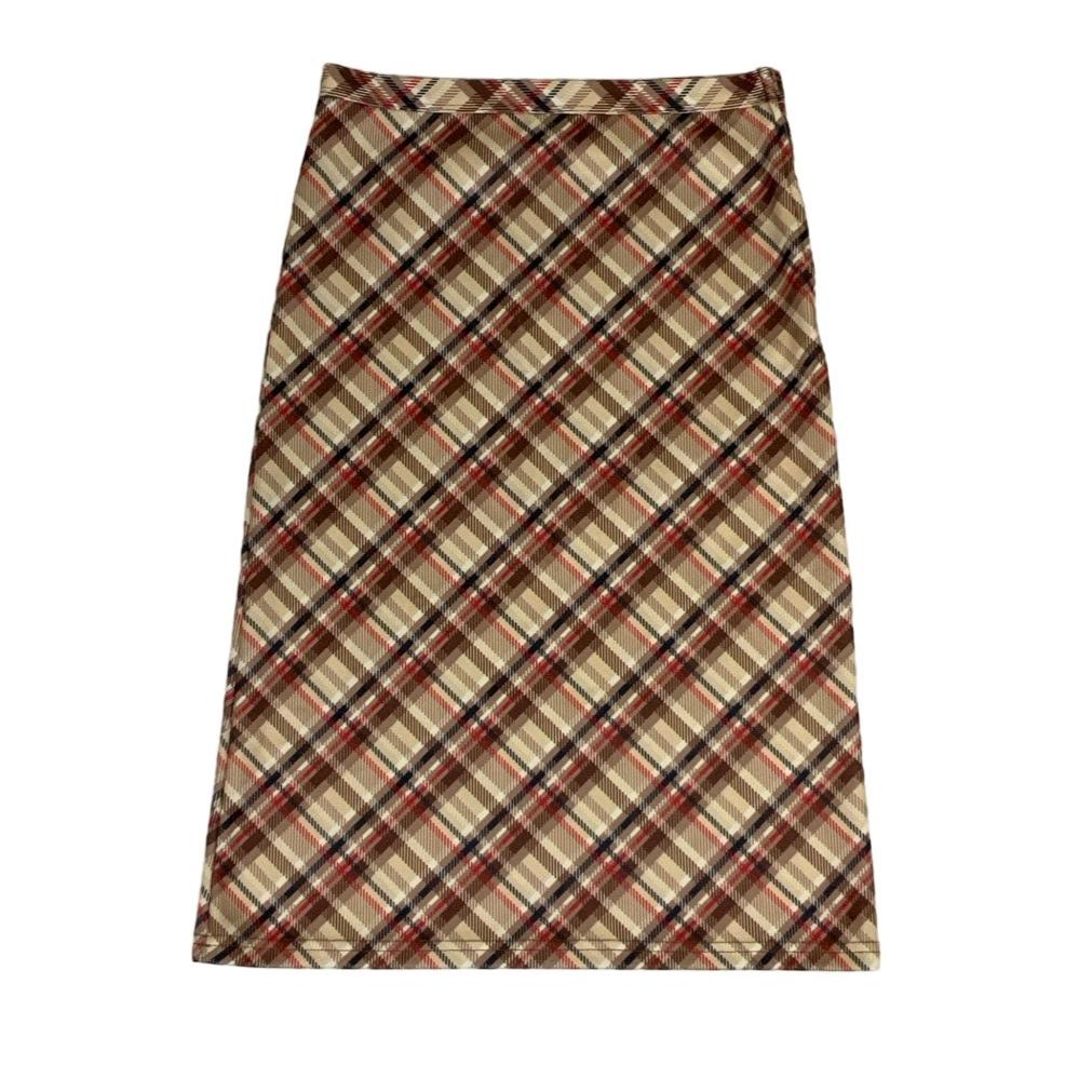 Vintage 90s 'Clockhouse' Gold Brown Red Black Tartan Check Midi Skirt XS 6