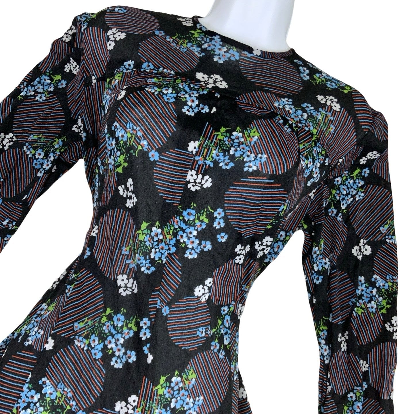 Vintage 60s 70s Dark Blue Floral Midi Flowy Sheer Pencil Dress 10 12 14