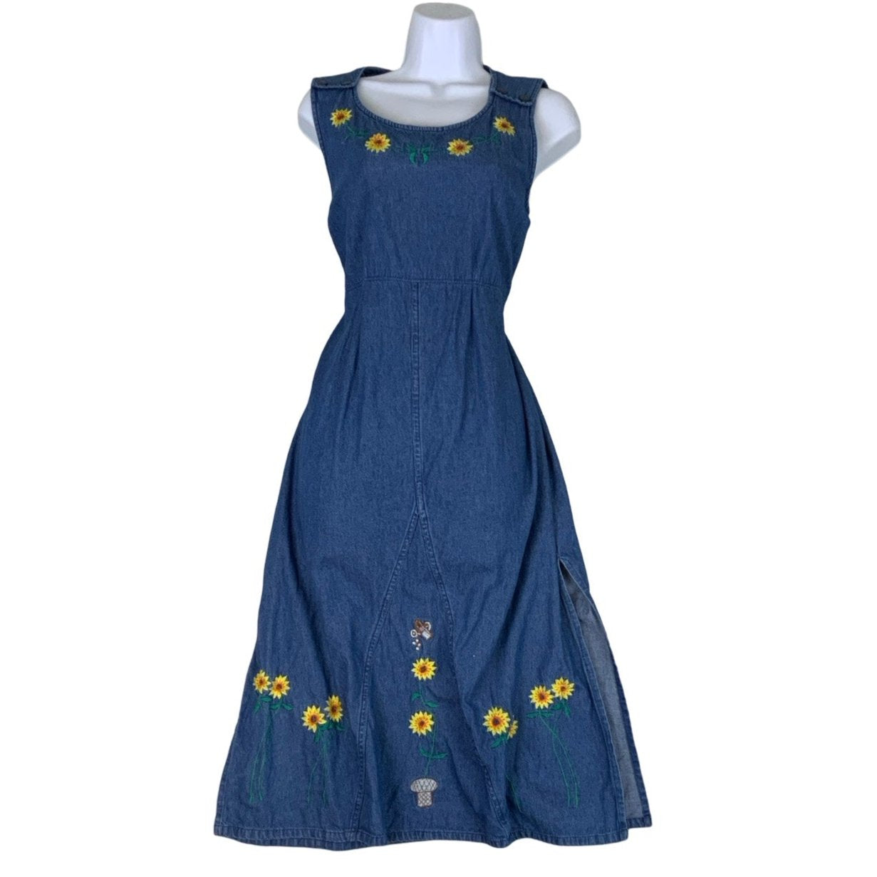 Y2K 90s 'Turn Around' Blue Denim Embroidered Sunflower Sleeveless Midi Dress M 16