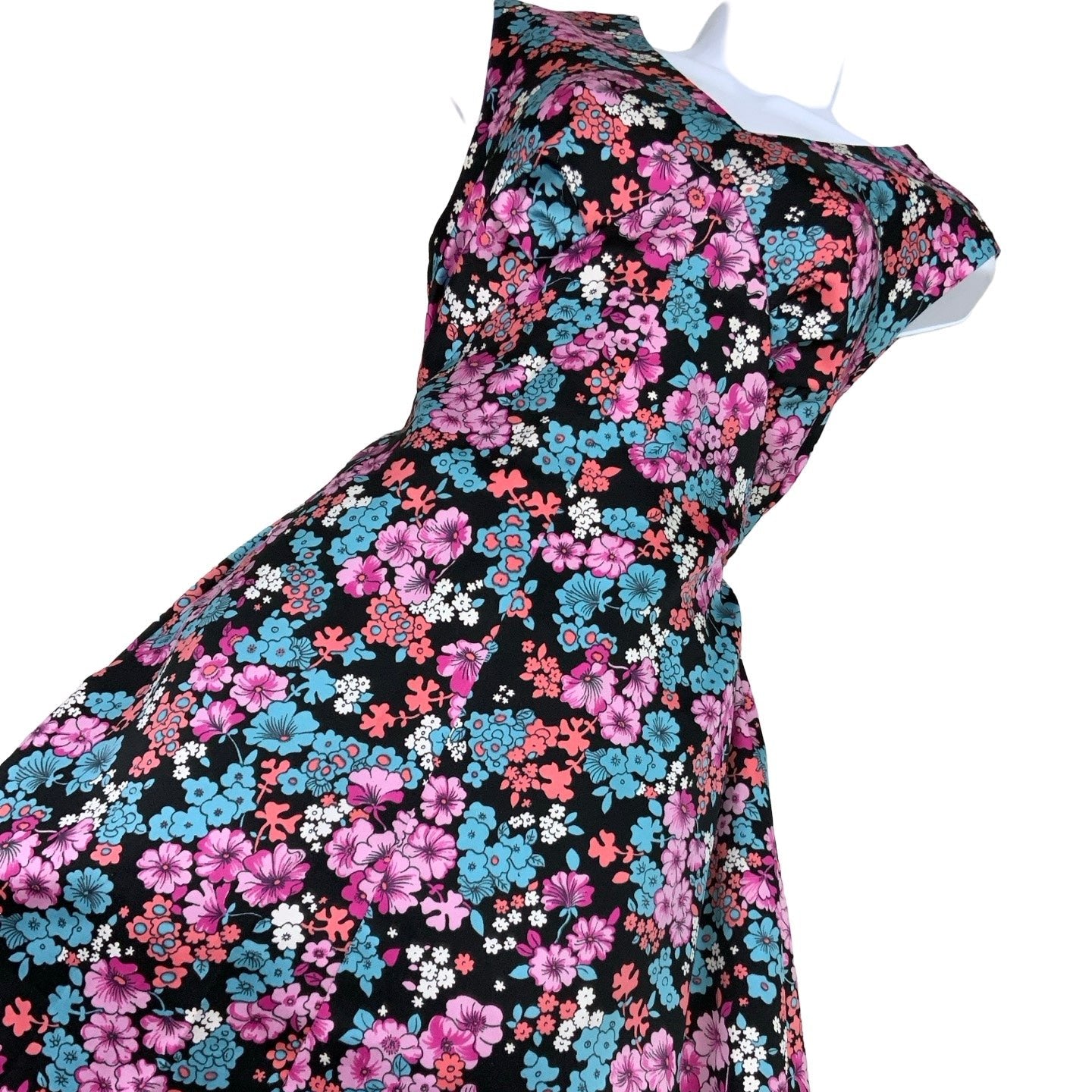 Vintage 60s 70s Black Floral Sleeveless V-Neck Midi Dress 8 10 12