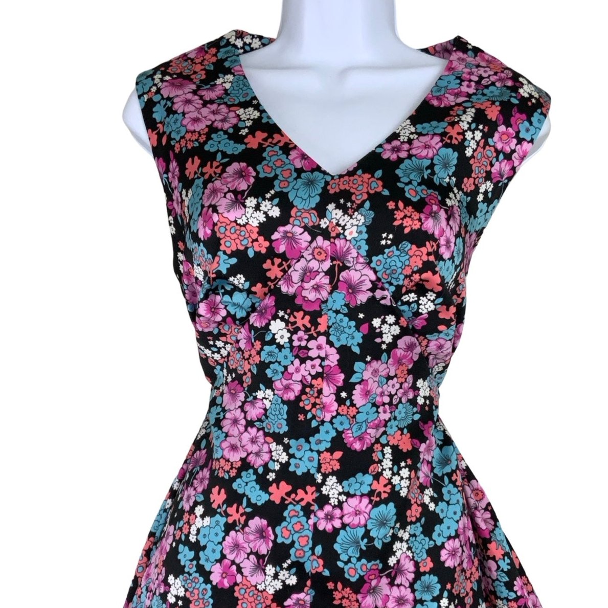 Vintage 60s 70s Black Floral Sleeveless V-Neck Midi Dress 8 10 12