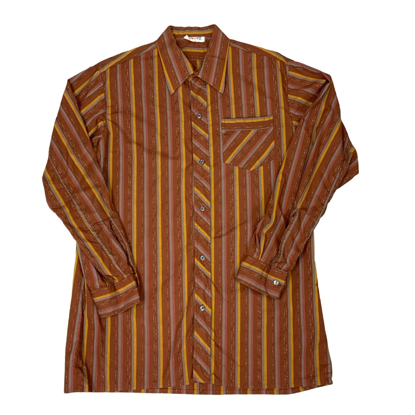 Vintage 'Sohaj' Brown Blue Burgundy Orange Stripe Shirt M