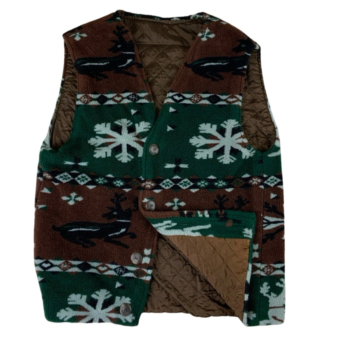 Vintage Green & Brown Pattern Fleece Vest M L