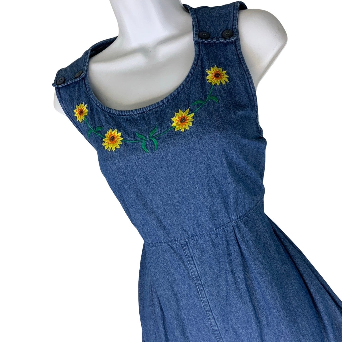 Y2K 90s 'Turn Around' Blue Denim Embroidered Sunflower Sleeveless Midi Dress M 16