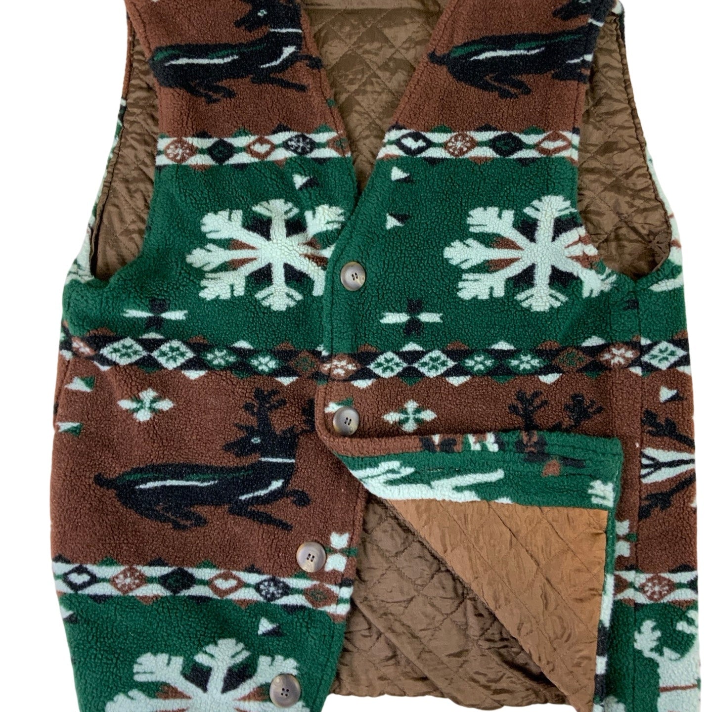 Vintage Green & Brown Pattern Fleece Vest M L