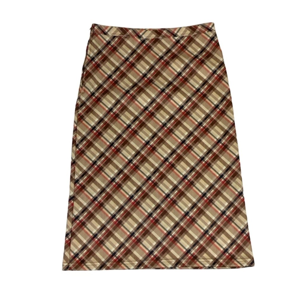 Vintage 90s 'Clockhouse' Gold Brown Red Black Tartan Check Midi Skirt XS 6