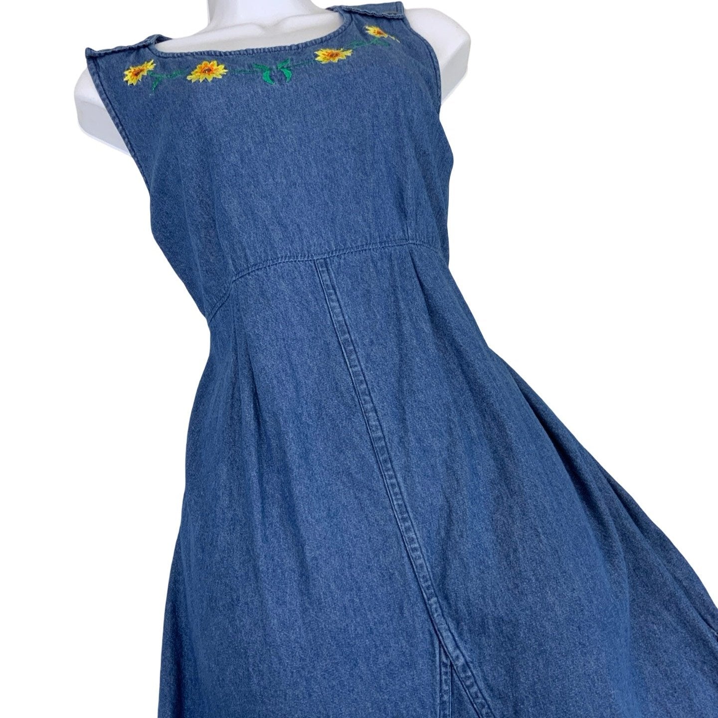 Y2K 90s 'Turn Around' Blue Denim Embroidered Sunflower Sleeveless Midi Dress M 16