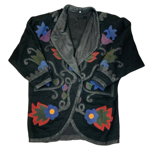 Vintage Kols Floral Embroidered Leather Trim Cardigan Coat 12 14 16 18 20